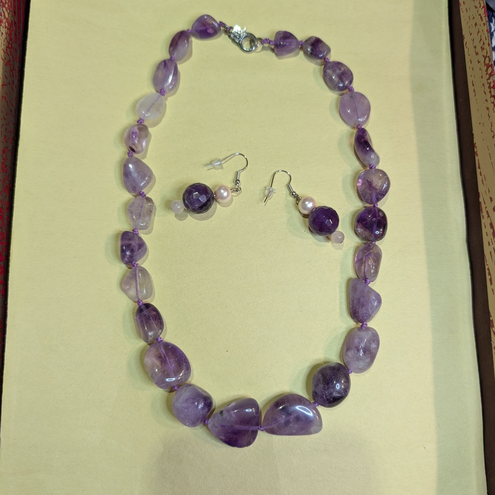 Genuine Amethyst Gemstone Necklace and Earring Set